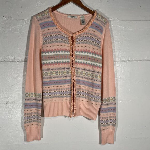 Retro Knit Pink Cardigan Velvet Trim Pastel Stripes L Crazy Horse Liz Claiborne - Picture 2 of 10
